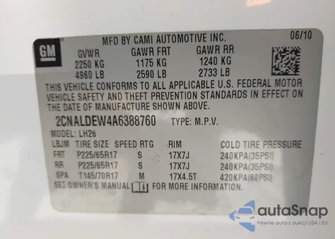 2010 Chevrolet Equinox Lt из США, поврежденный, VIN 2CNALDEW4A6388760